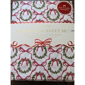 Boundary OEKO-TEX Brushed Four Piece Twin Sheet Set Christmas Wreath Bow Ribbon